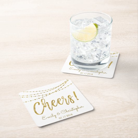 Cheers White and Gold Foil String Lights Rechteckiger Pappuntersetzer (Vor Ort)