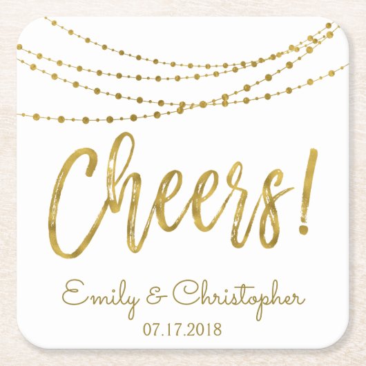 Cheers White and Gold Foil String Lights Rechteckiger Pappuntersetzer (Vorderseite)