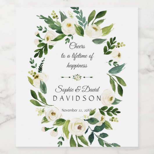 Cheers White Green Floral Wreath Wedding Weinetikett (Einzelnes Label)