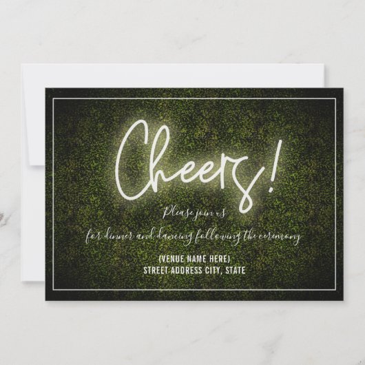Cheers White Neon Boxwood Hochzeitsempfang Einladung (Vorderseite)