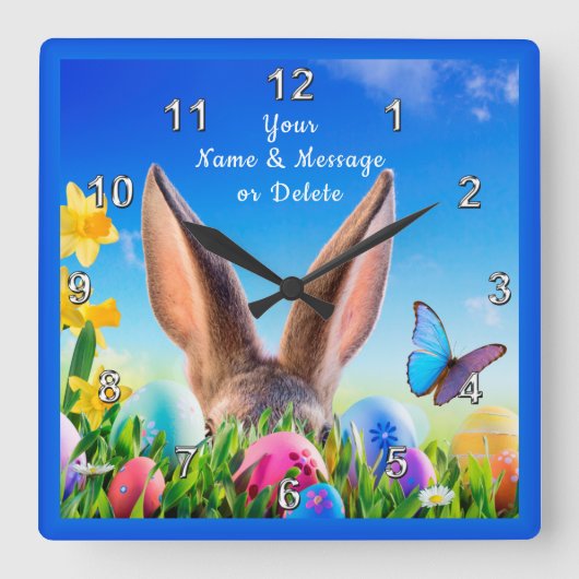 Cheery Bunny, Daffodils Personalized Easter Clock Quadratische Wanduhr (Vorderseite)