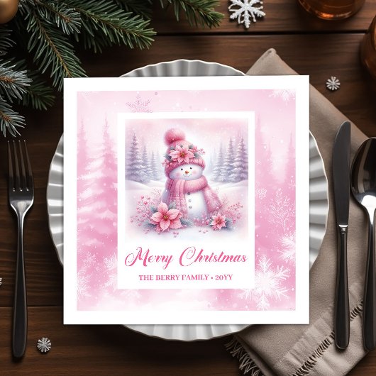 Cheery Winter Forest Pink Snowman Christmas Napkin Serviette