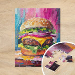 Cheeseburger Bunte Moderne Abstrakte Kunst Puzzle<br><div class="desc">Ein unterhaltsames und spielerisches modernes Kunstgemälde eines riesigen Käsermeister. Das Kunstwerk wird mit strukturierten, abstrakten Pinselstrichen in lebhaften Farben wie Rosa, Blau und Gelb zum Leben erweckt. Der kühne Einsatz von Farbe und übertriebener Skala verleiht dem Cheeseburger ein energetisches, skurriles Gefühl. Dieses lebendige, fantasievolle Werk verbindet Pop und abstrakten Expressionismus...</div>