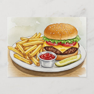 Cheeseburger French Fries Pickles Postcard Postkarte