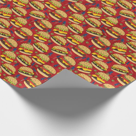 Cheeseburger-Muster Rot Geschenkpapier (Ecke)