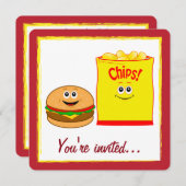 Cheeseburger und Kartoffelchips Einladung (Vorne/Hinten)