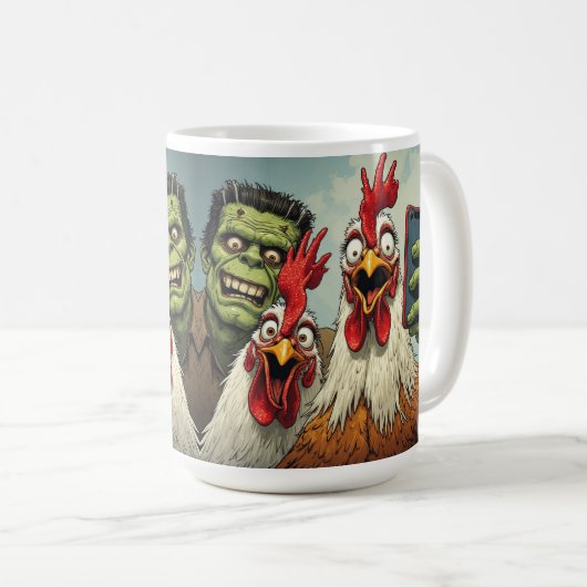 "Cheesy Chickens Posen With Frankenstein" Kaffeetasse (VorderseiteRechts)