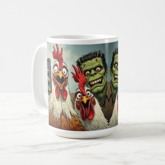 "Cheesy Chickens Posen With Frankenstein" Kaffeetasse (Vorderseite Links)