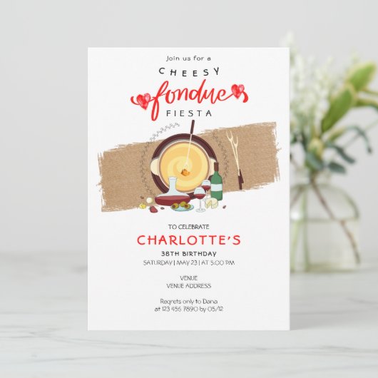 Cheesy Fondue Fiesta Hearts Pot Fondue Party Einladung (Stehend Vorderseite)