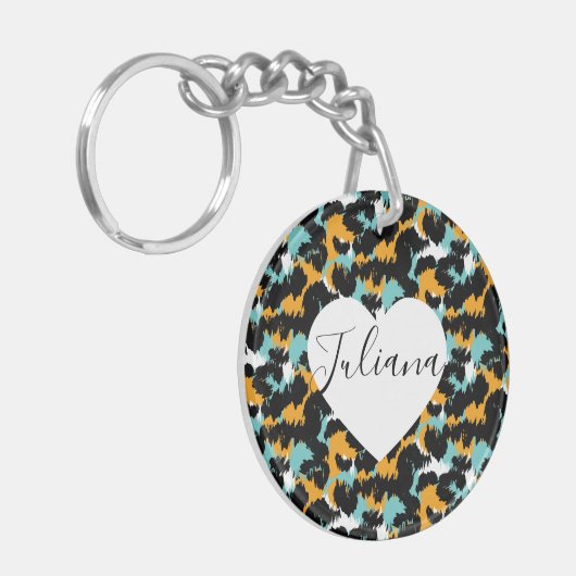 Cheetah Animal Print Aquamarin Orange Heart Schlüsselanhänger (Vorderseite links)