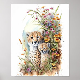 Cheetah Baby und Mama Aquarellmalerei Poster