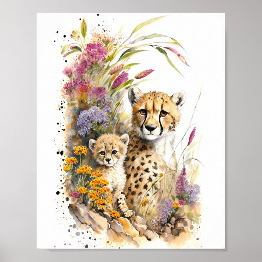 Cheetah Baby und Mama Aquarellmalerei Poster (Vorne)