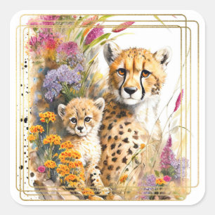 Cheetah Baby- und Mama-Aufkleber Quadratischer Aufkleber