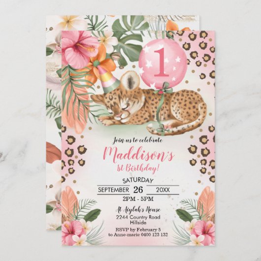 Cheetah Birthday Einladung Cheetah 1. Geburtstag (Vorne/Hinten)