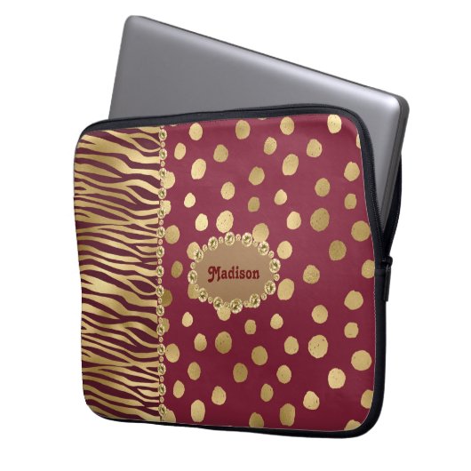 Cheetah Burgundy Gold Metallic Chic Bling Name Laptopschutzhülle (Vorderseite Links)