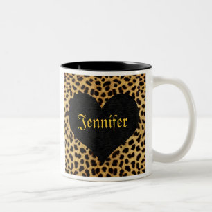 Cheetah-Druck-Schwarz-Herz - individueller Name Zweifarbige Tasse