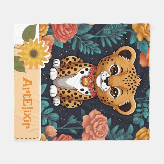 Cheetah Floral Blue Print Fleecedecke (Vorderseite (Horizontal))