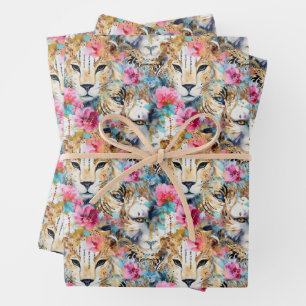 Cheetah Floral Boho Wasserfarben-Muster Geschenkpapier Set