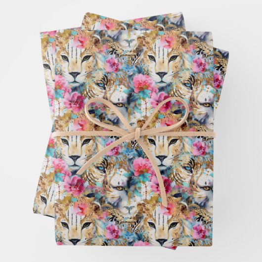 Cheetah Floral Boho Wasserfarben-Muster Geschenkpapier Set (Beispiel)