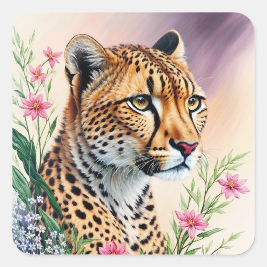 Cheetah Floral Painting Feline Art Quadratischer Aufkleber (Vorderseite)