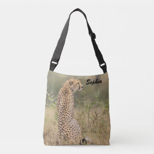 Cheetah Foto Natural Setting Personalisieren Name Tragetaschen Mit Langen Trägern