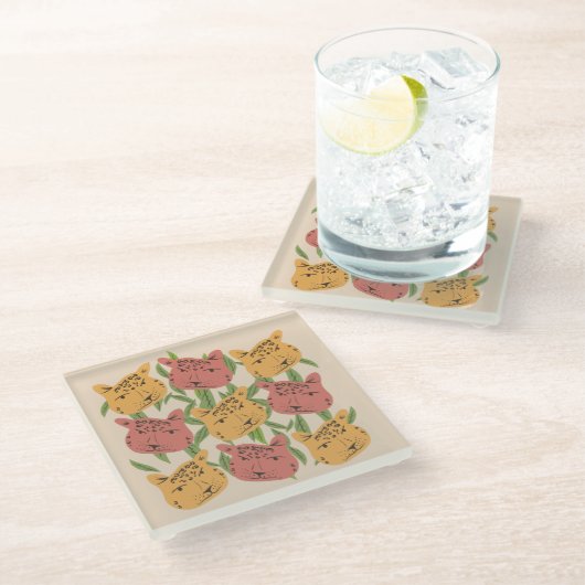 Cheetah Jungle Pflanze Grüne Korallen Grün Glasuntersetzer (Schrägansicht)