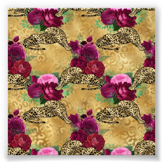 Cheetah Leopard Rote Rose Blumenmuster Blume Fotodruck (Vorne)