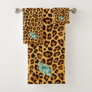 Cheetah Monogram Leder und Leopard Pattern Bath Badhandtuch Set