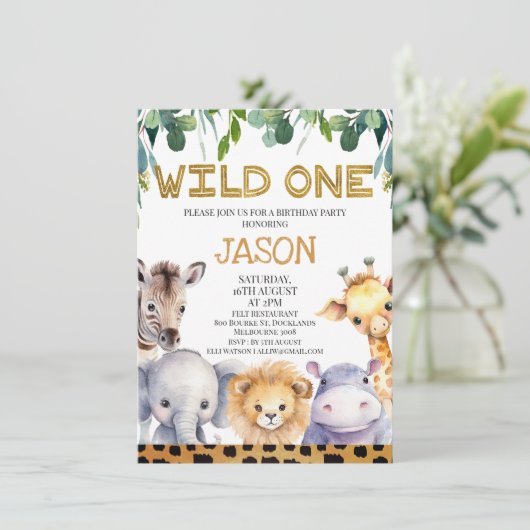 Cheetah Print Foliage Wild One Safari 1. Geburtsta Einladung (Stehend Vorderseite)