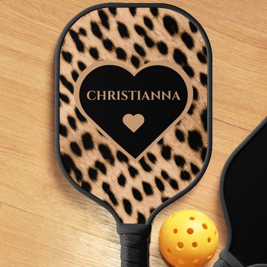 Cheetah Print Pattern Tan Brown & Black Heart Pickleball Schläger