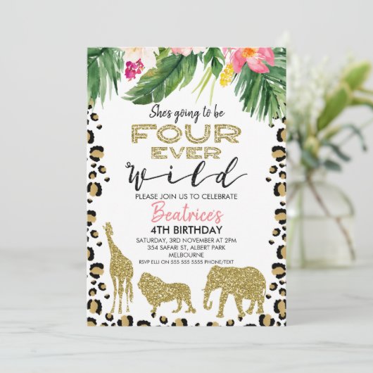 Cheetah Skin Four Ever Wild Birthday Einladung (Stehend Vorderseite)