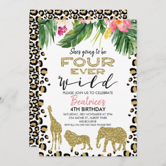 Cheetah Skin Four Ever Wild Birthday Einladung (Vorne/Hinten)