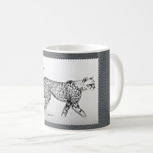Cheetahs auf grauem Imitat-Leder Kaffeetasse (VorderseiteRechts)