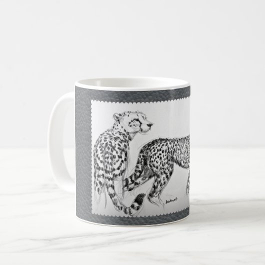 Cheetahs auf grauem Imitat-Leder Kaffeetasse (Vorderseite Links)