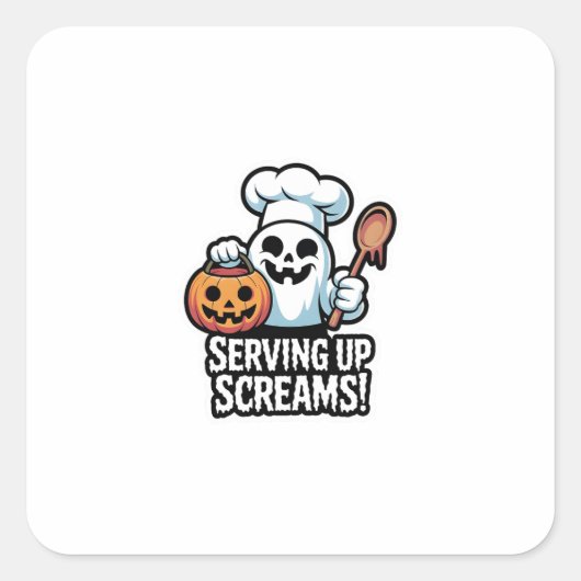 Chef Boo – Spooky Cute Halloween Ghost Spoon Quadratischer Aufkleber (Vorderseite)