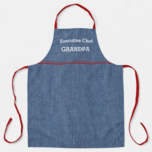 Chef Opa oder Papa blaues Denim-Druckmuster mit ro Schürze (Vorderseite)