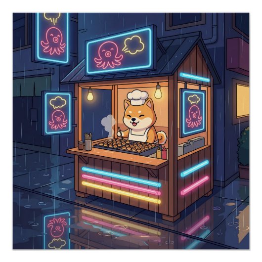 Chef Shiba's Neon Takoyaki Stand Poster (Vorderseite)