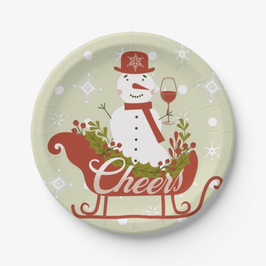Chef Snowman mit Wein und Schlitten Weihnachts-Par Pappteller (Vorderseite)