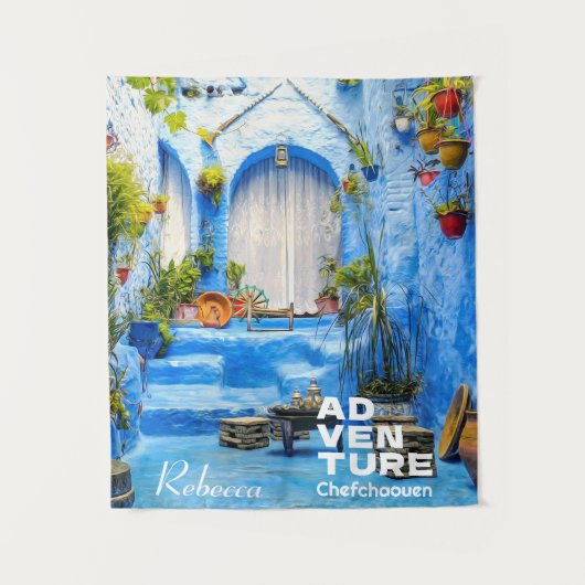 Chefchaouen Blue City Marokko Ölgemälde Boho Wandteppich (Vorderseite)