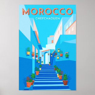 Chefchaouen Marokko Vintage Reise Illustration Poster