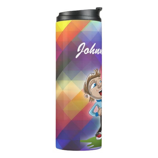 Chefredakteur mit farbenprächtigem Hintergrund per Thermosbecher (Nach links gedreht)