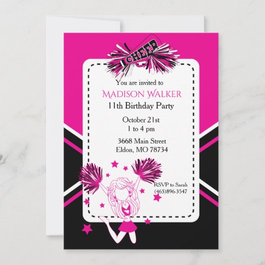 Cheleader Birthday Party Hot Pink, Black, White Einladung (Vorderseite)