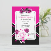 Cheleader Birthday Party Hot Pink, Black, White Einladung (Stehend Vorderseite)
