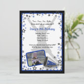 Cheleader Foto Invitation Blue Einladung (Stehend Vorderseite)