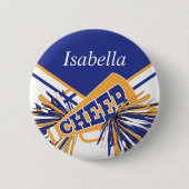 Cheleader Outfit in Blau, Weiß und Gold Button (Vorderseite)