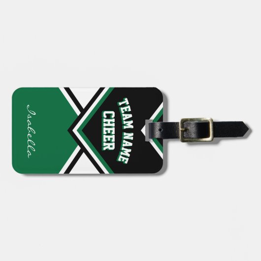 Cheleader Outfit in dunkelgrün, schwarz und weiß Gepäckanhänger (Vorderseite horizontal)