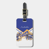 Cheleader Outfit in Gold, Weiß und Blau Gepäckanhänger (Vorderseite vertikal)