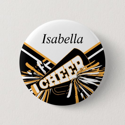 Cheleader Outfit in Gold, Weiß und Schwarz Button (Vorderseite)