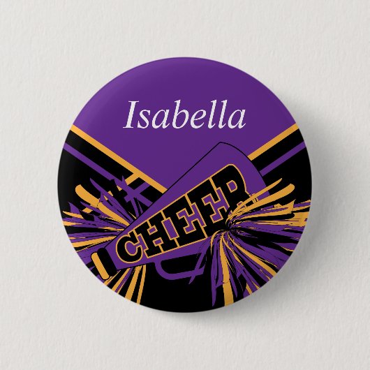 Cheleader Outfit in Lila, Gold und Schwarz Button (Vorderseite)