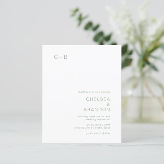 Chelsea Sage Green Moderne Hochzeit Einladung (Stehend Vorderseite)